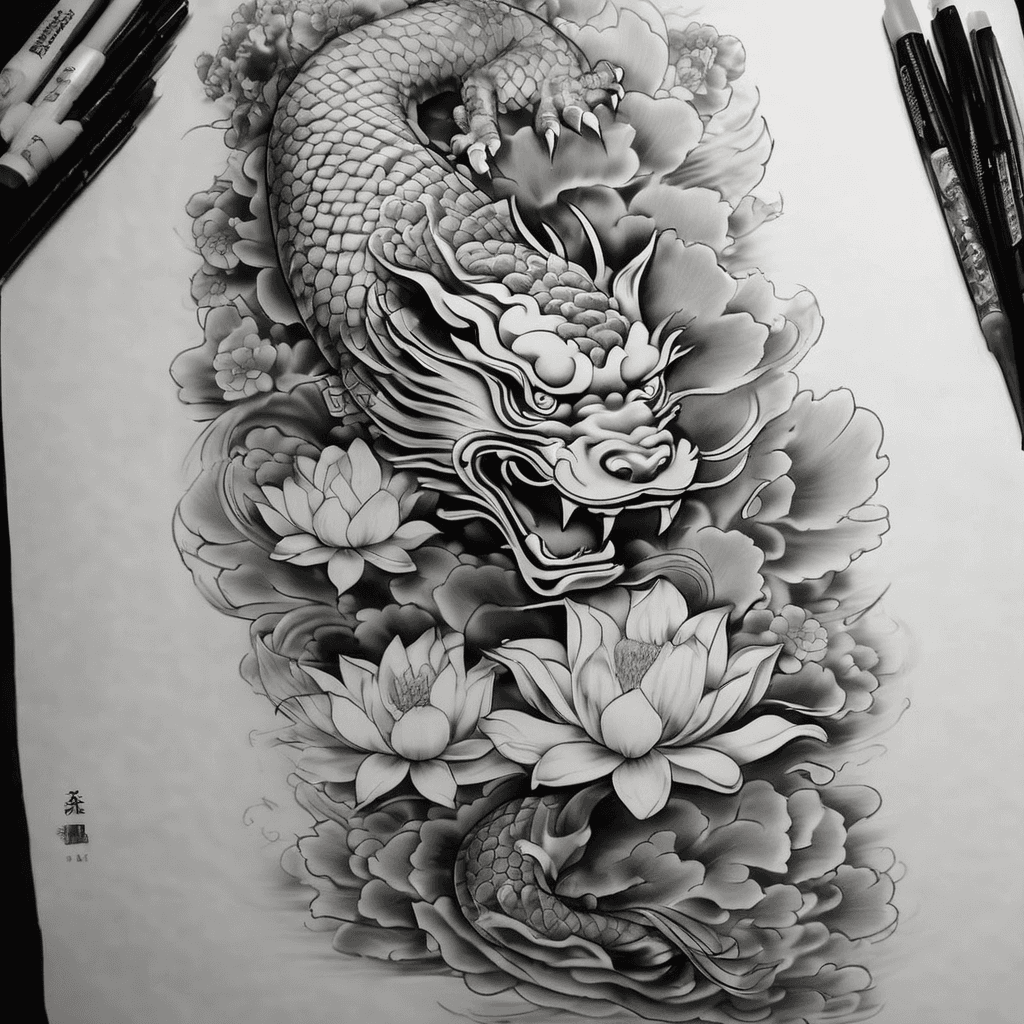 full left arm sleeve in Irezumi style. Main elements are a fu dog on the bicep and a 2 koi on the forearm. I would like to have water lilies on the forearm with a dragonfly or two. I want it in an autumn theme with the back ground black and grey scale and lots of color. I want it to tie into a chest piece of the same style on the left chest I want a kitsune mask held by a japanese woman. The flow goes into the right chest with an oni mask with blue color also held by a japanese woman.