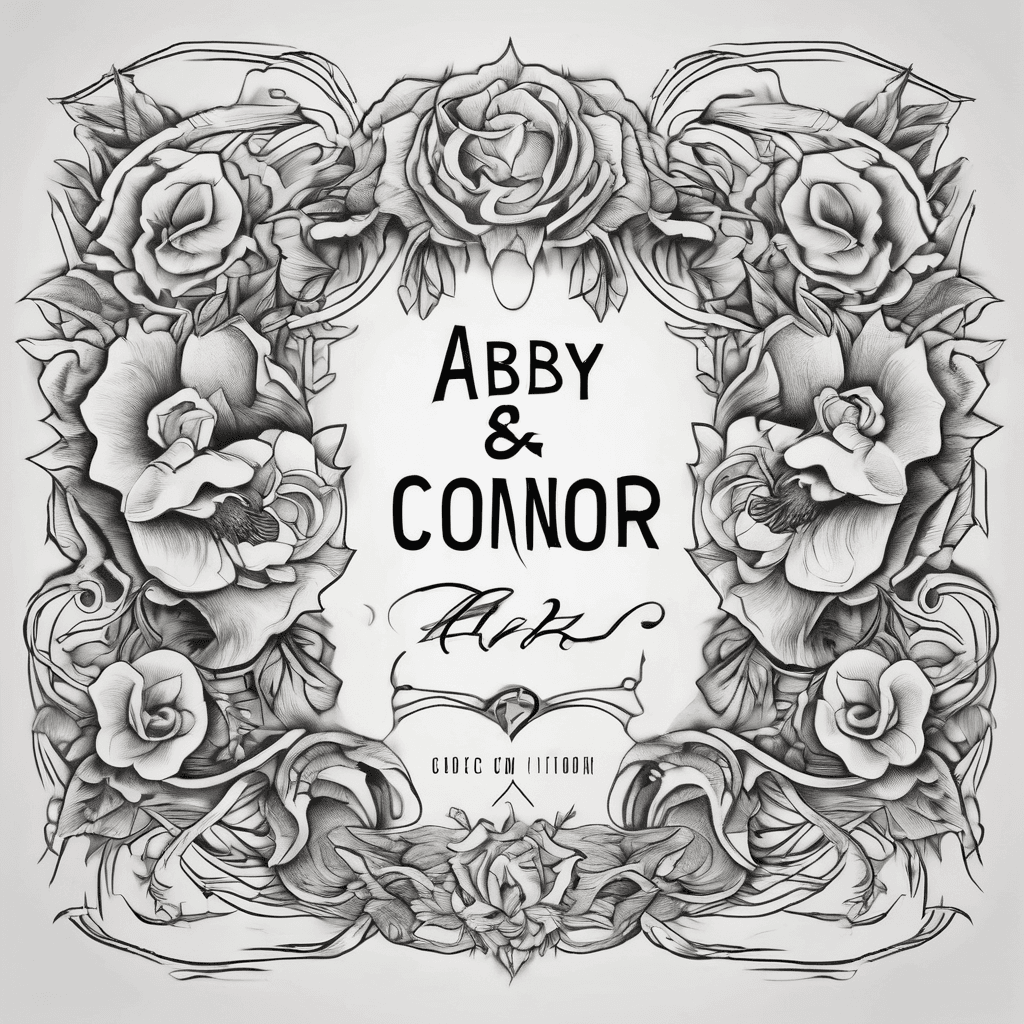 A beautiful tattoo design featuring the name "Abby & Connor" in elegant lettering