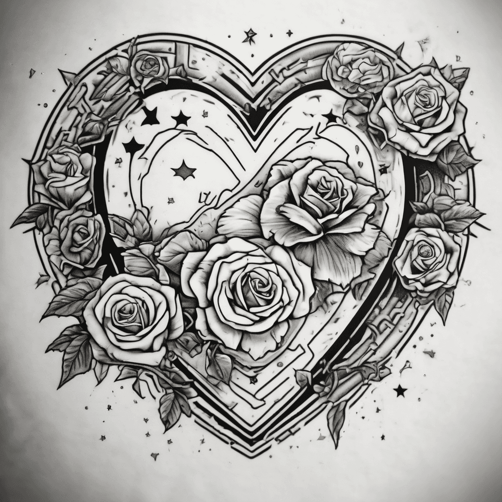 Traditional red heart with dotted/rivet border, banner over it that says “Jojo”, green light saber behind it, roses or flowers for dressing, other little Star Wars (rebel) glyphs to support it, old school stars and dots, for inside forearm