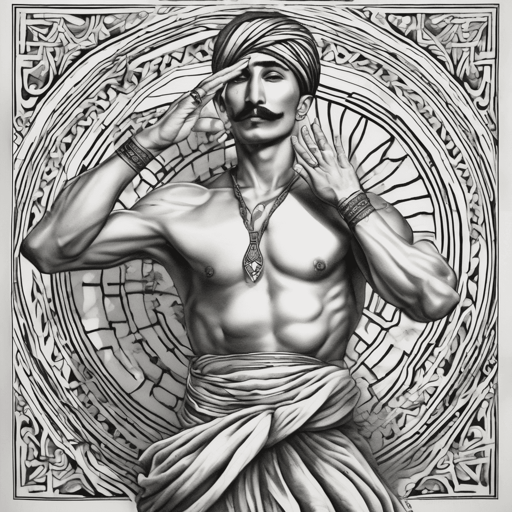 A male Azerbaijani folk dancer performing the Kartal stance, one hand raised beside the upper ear with palm facing upward and middle fingertip touching the head, opposite arm fully extended upward with forearm vertical and palm facing forwa