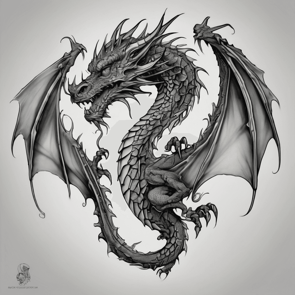 Small compact black and grey dragon tattoo designed specifically as a cover-up for an existing small tattoo. Dragon curled tightly into a compact shape, strong dark areas concentrated over the existing tattoo, clean blackwork linework, minimal detail, no flowers, no butterflies, no large wings, no background, no extra decorative elements, suitable for a small tattoo, white background, tattoo stencil style.
