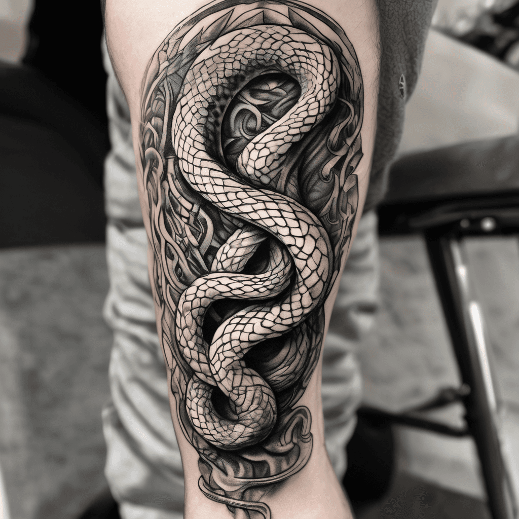 serpent wrapped round lower leg with fighting knit trapped in coils with sheild raised and spear inhand overhead srtike