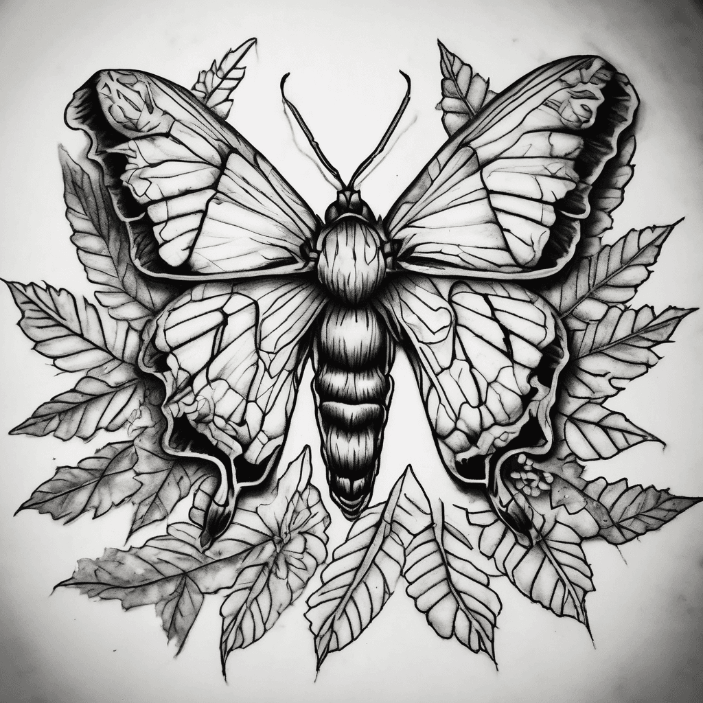 I want a last of us part 2 inspired moth tattoo. , blackwork style, surrounded by oak leaves and pine needles, clean linework".