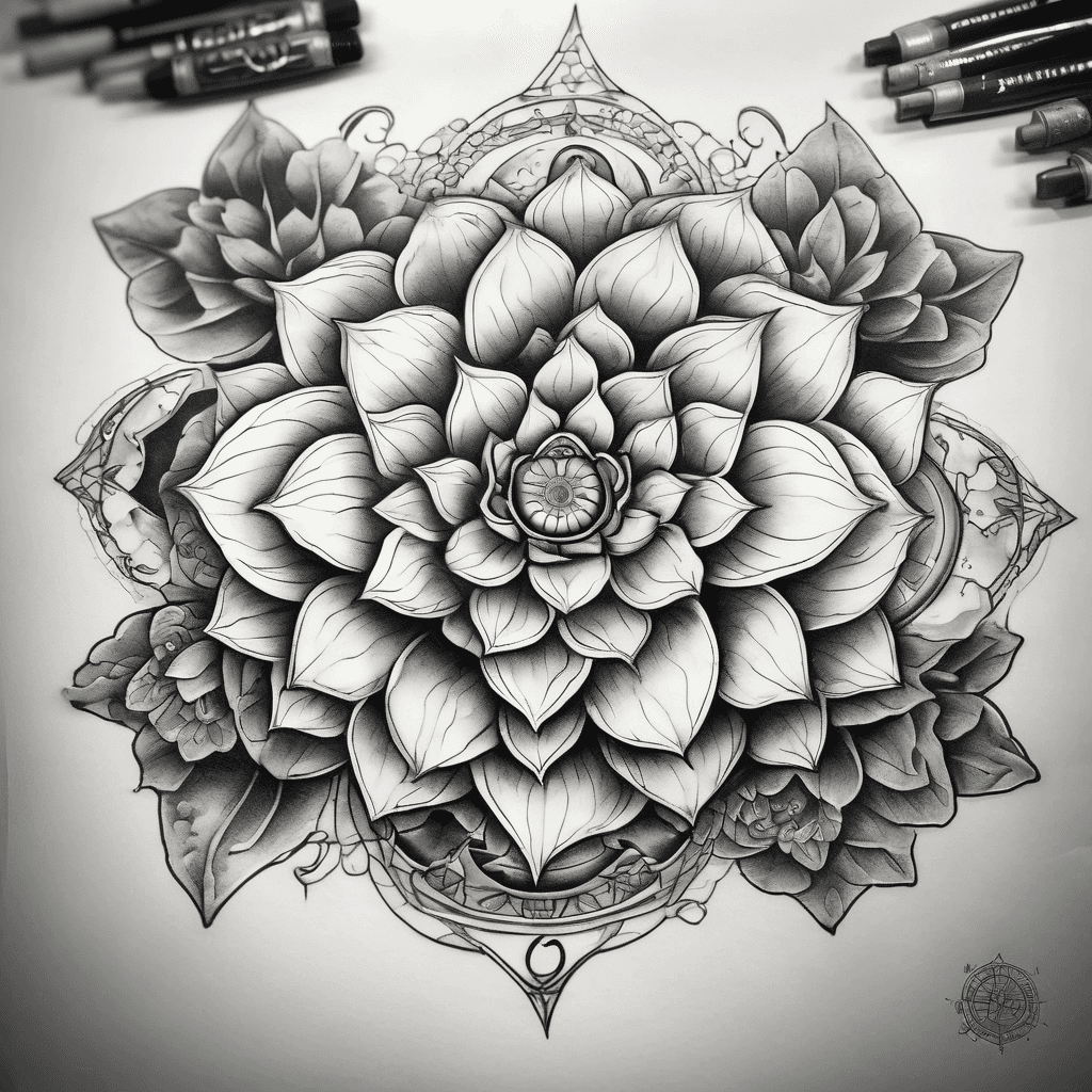 Top (Elbow)
• Crescent moon
• Fine-line sun halo
Center
• Large stippled lotus
• Hidden 8-point compass rose behind lotus petals
• Small Hamsa hands on each side
• Four clovers integrated around the lotus
Lower Section
• Vines descend from the lotus and wrap around the inverted mantra
• Three Feng Shui coins integrated into the vine work
• Delicate starbursts and dotwork accents
Base (Wrist)
• Large elegant ॐ
• Ending point of both vines converging beneath it