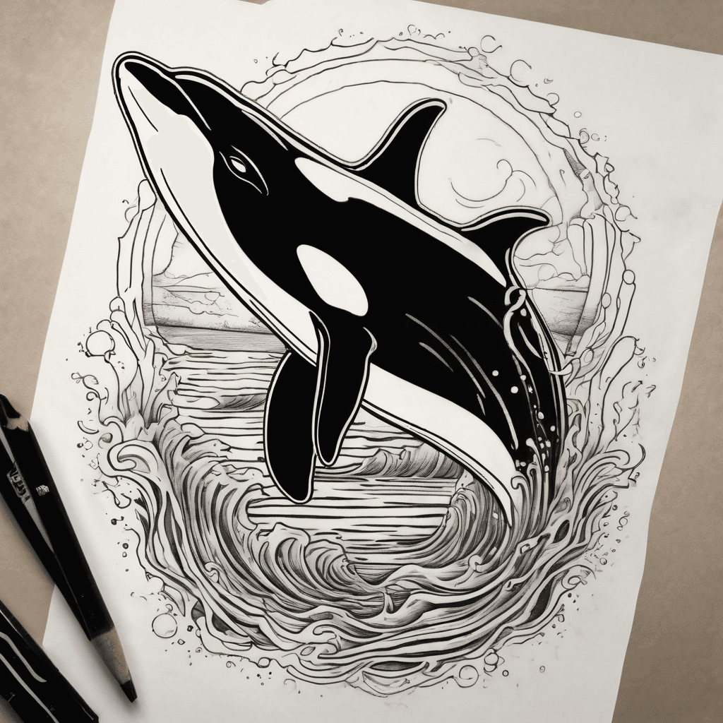 orca whale swimming up to surface with sun light coming down through the water. add name Golden Boy and dates 12/7/75 to 7/20/26 small to side.