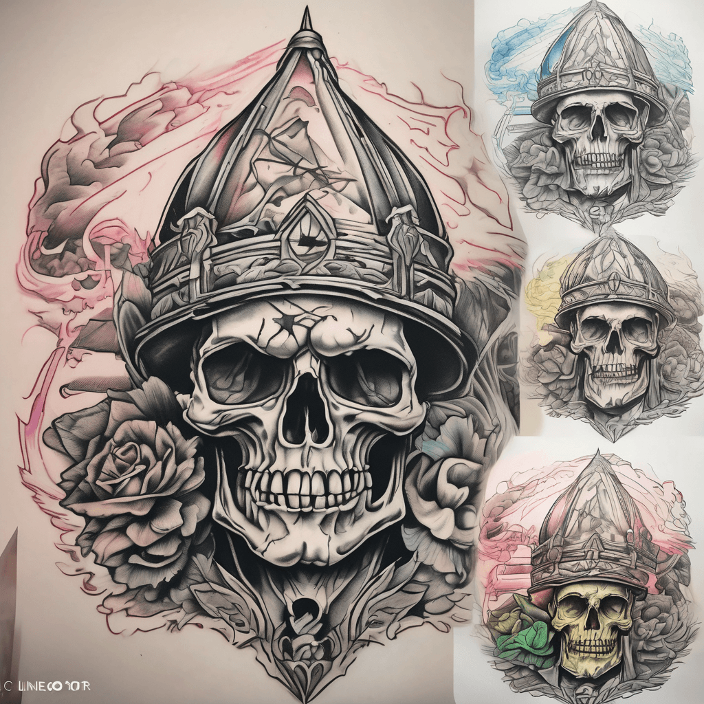 American traditional flash style back piece. Single bold line weight. Heavy black shading. 4-6 colors only. Red yellow green blue pink purple. Wizard with clouds and lighten over a castle with a giant skull doorway