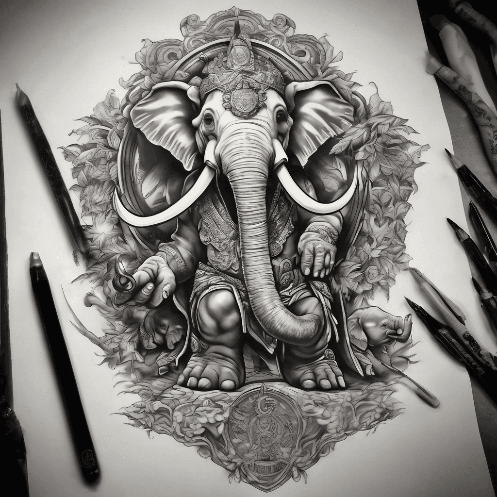 Please create three tattoo designs for me with the following elements:
- A Garuda goddess holding a hammer and sickle in one of her claws
I’d also like to have the “three-elephant coat of arms of Laos” (the old coat of arms of Laos) incorporated somewhere in the tattoo. However, only the elephants and the pedestal they’re standing on should be depicted. Where you incorporate this is up to you.