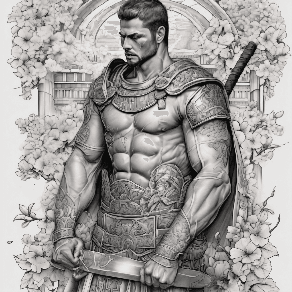 I want a full leg sleeve with gladiator / Roman theme, and also a Japanese warrior. Think coliseum and temples, cherry blossom. Some Latin words - strength and honour.