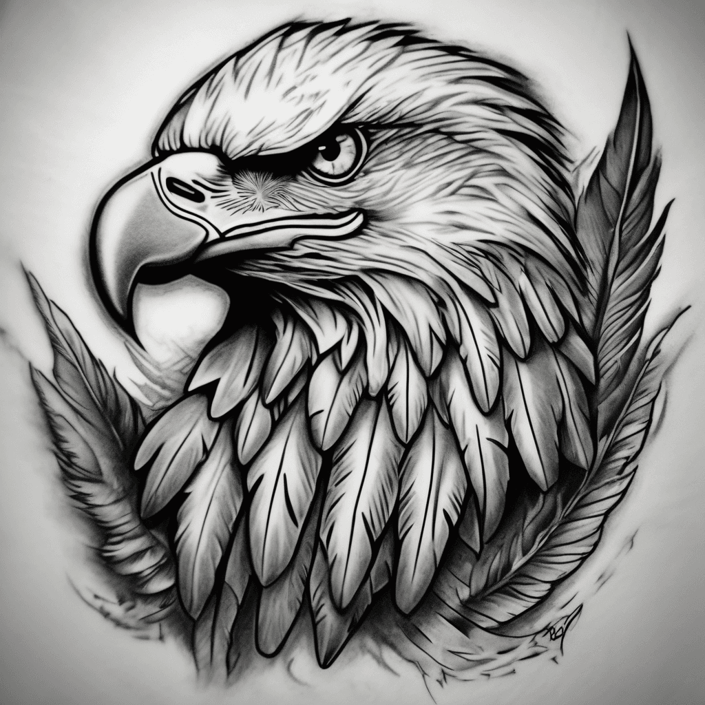 American flag shoulder tattoo with a bald eagle, masculine design, tattoo style, detailed feathers, flag flowing behind the eagle, strong composition for upper shoulder, black and grey realism.