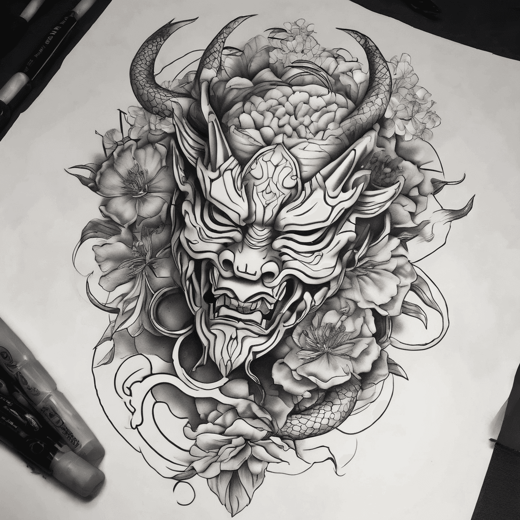 So i need a tattoo design, in abstract style something with geometrics. The basis od the design are a Oni mask, peony flower hannya mask and a snake. Comabine those 4 elements and make a design. I have in mind one half of a oni mask, othe half hannya mask split and in the middle a poeny flower and a snake that passes true both masks and the flower wrapping its self. The flower could be in some color like red.