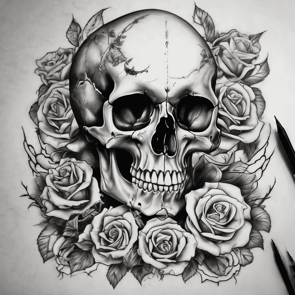 I want a skull with an antique hourglass, roses on each side of the skull, and scorpions at the bottom. I want the tattoo to say "memento morir" (memento die). Or death to live