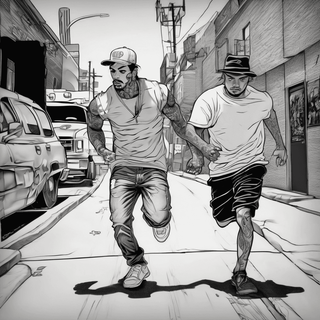 Draw me a little Chicano hoodlum running away from his whole ass girlfriend and running from the cops at the same time draw it in a ghetto environment superior az