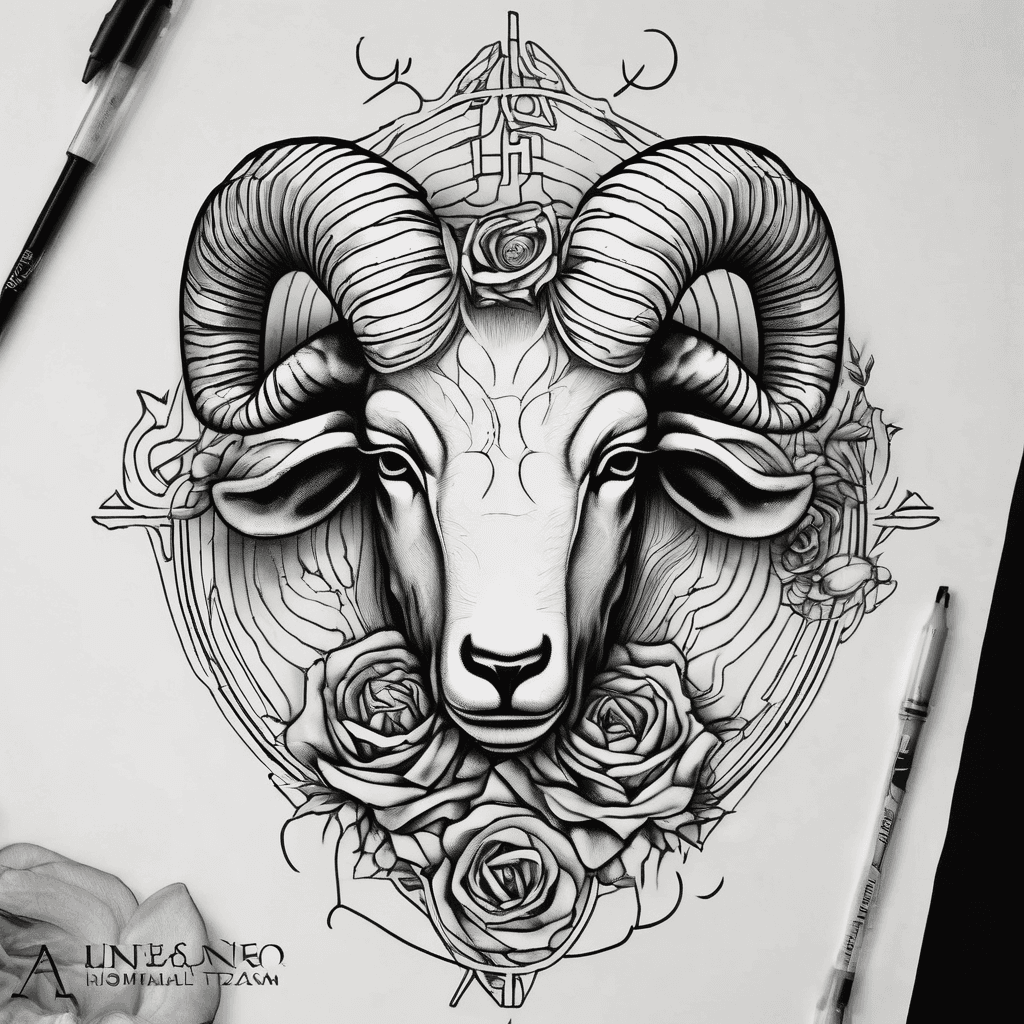 clean gemini ram face half with half goat demonic with minimalist greek letters and lines with rose and skull and river