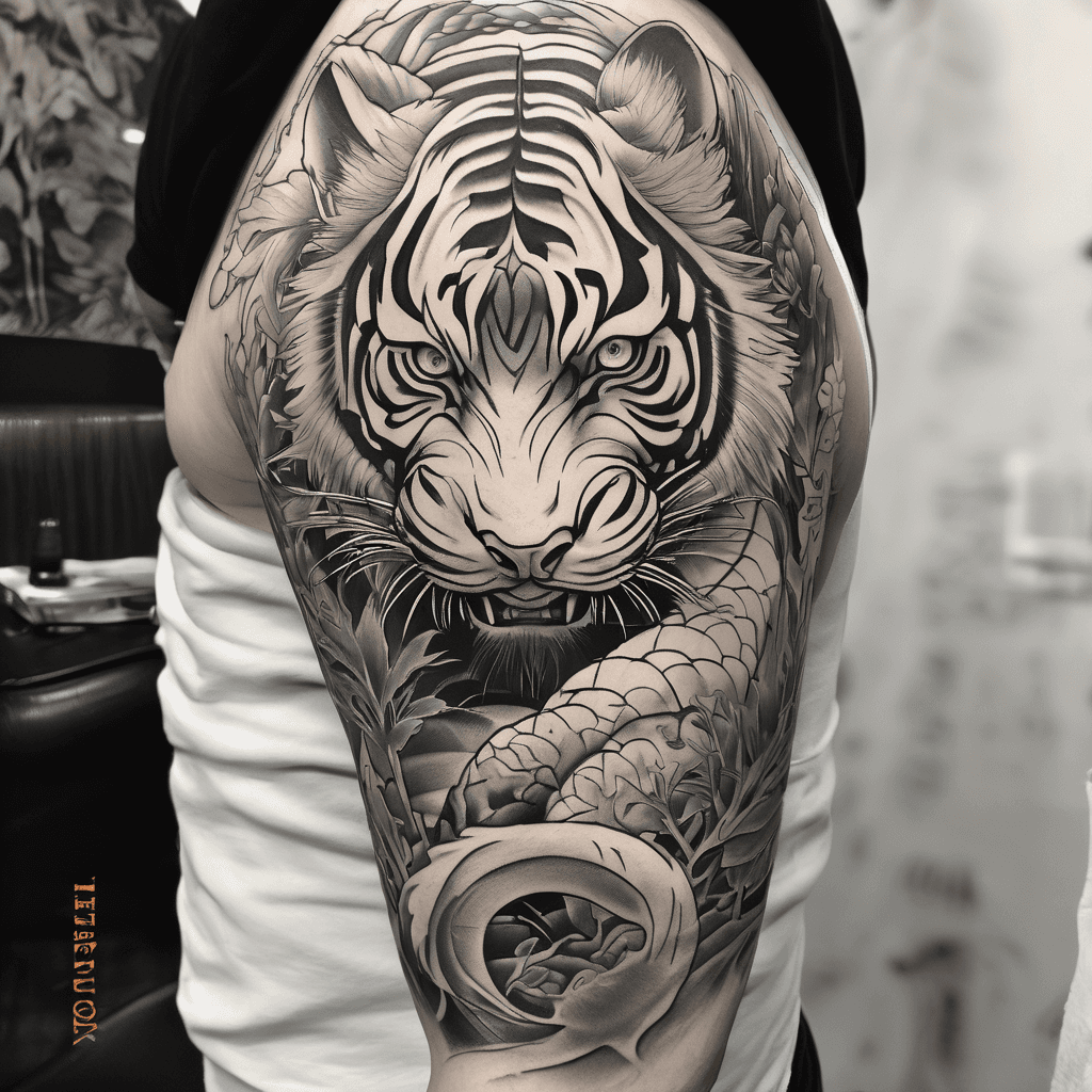 Iruzumi Upper Arm Shoulder Tattoo in a Japanese style with a Hanya Mask or a Tiger Crawling Down the arm