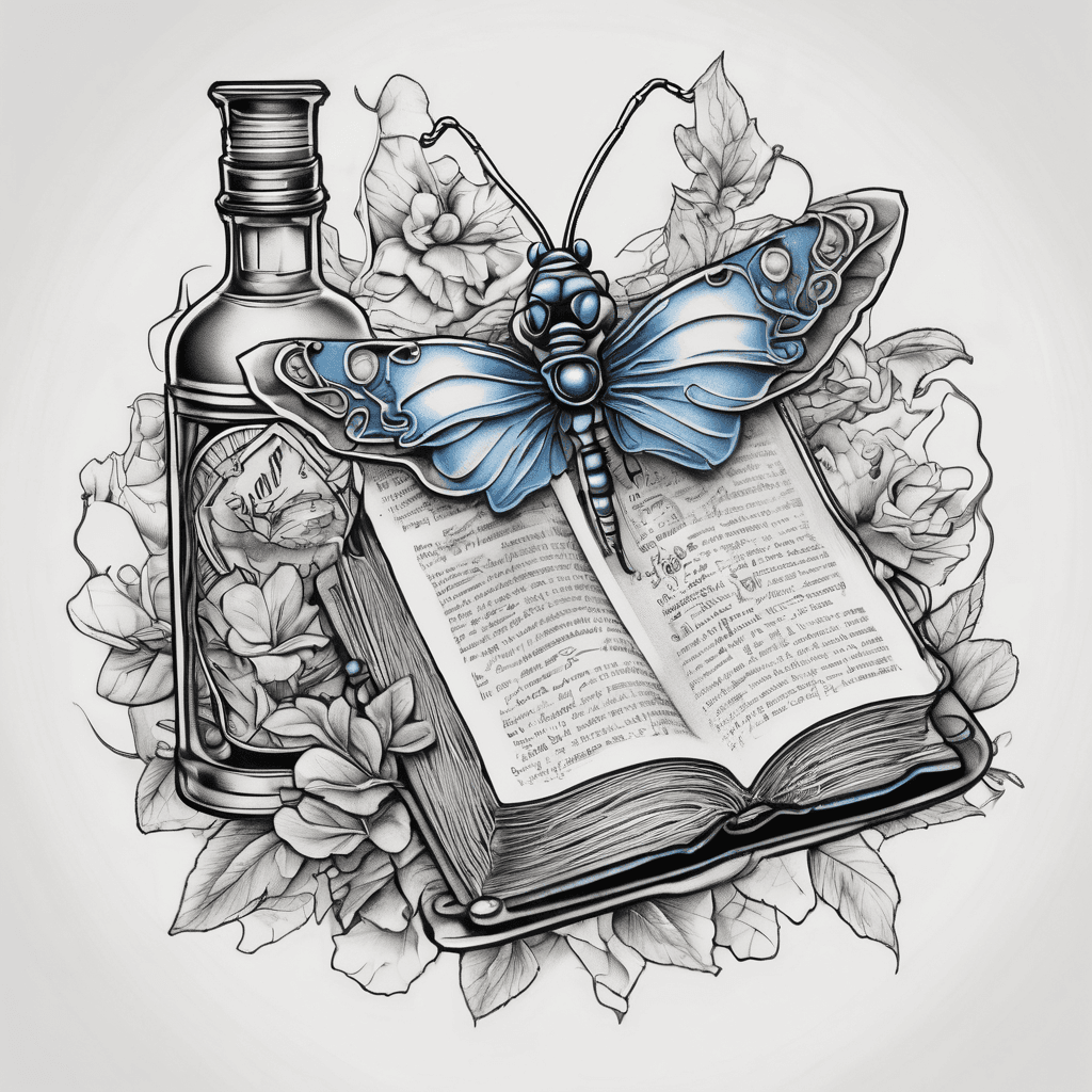 A Bible Minor hat, butterfly blue dragonfly, bottle of vodka, ladybug, two hearts, a machinist