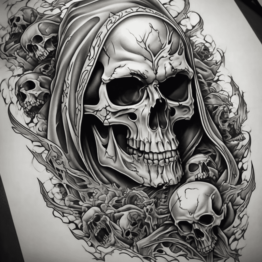a full forearm tattoo with a grim reaper surrounded by skulls that fade into smoke around the whole design