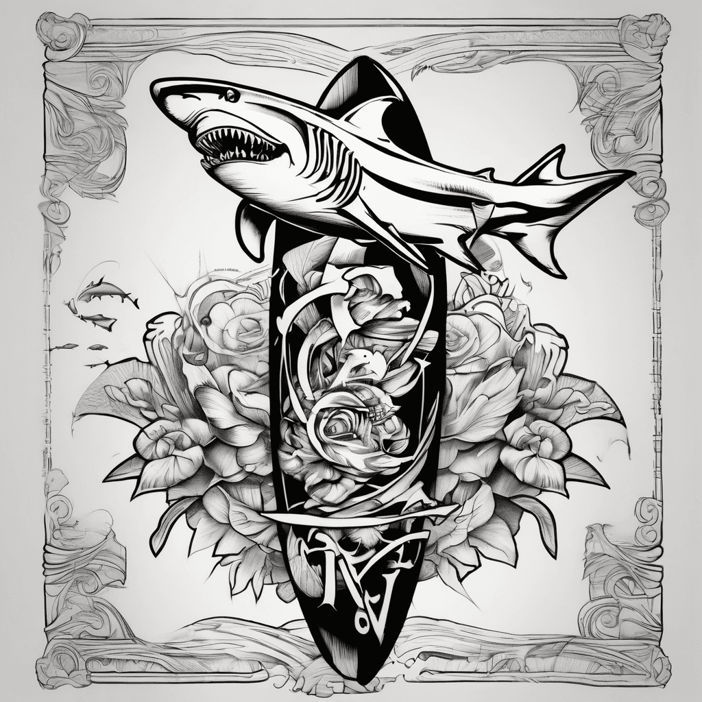 Create an arm sleeve tattoo with a small shark on the shoulder and Carpe Diem writing along the tricep and add surf board tips to the end of Carpe Diem