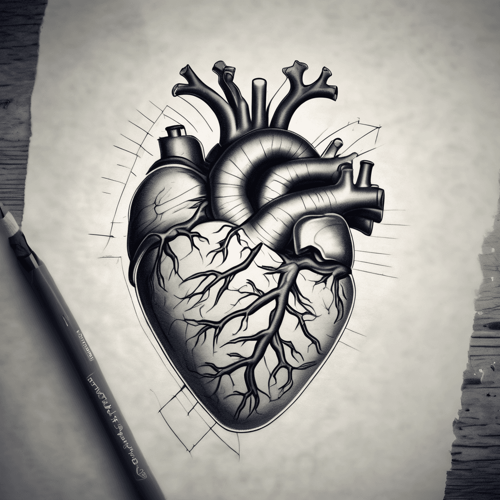 Create a tattoo of an anatomical heart. The top of the heart should be like greys anatomy. The bottom of the heart should look like a stone or boulder. Where the two meet, blood should be running down the heart