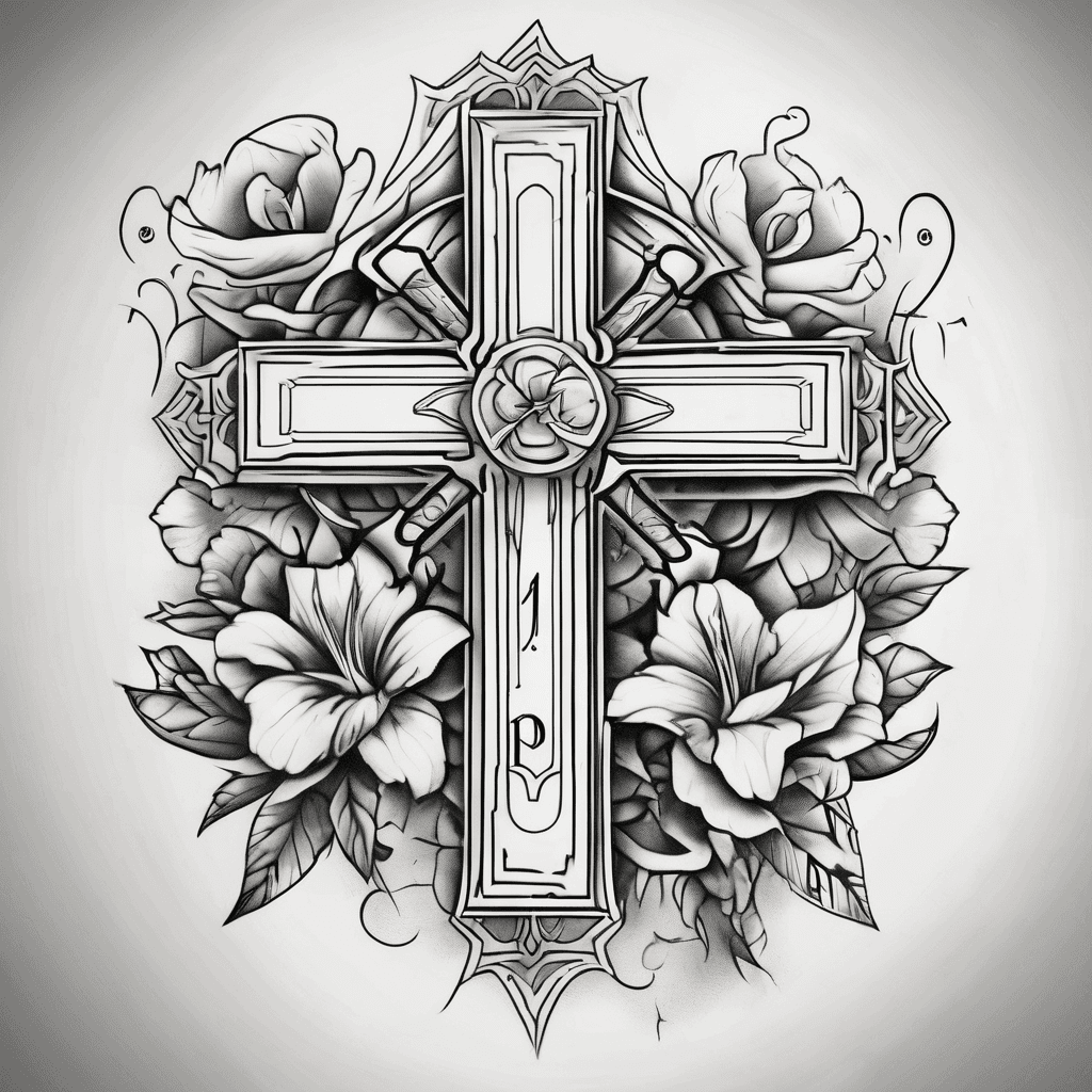 Cross tattoo with flowers and the word Phil. 4:13 under it written in cursive