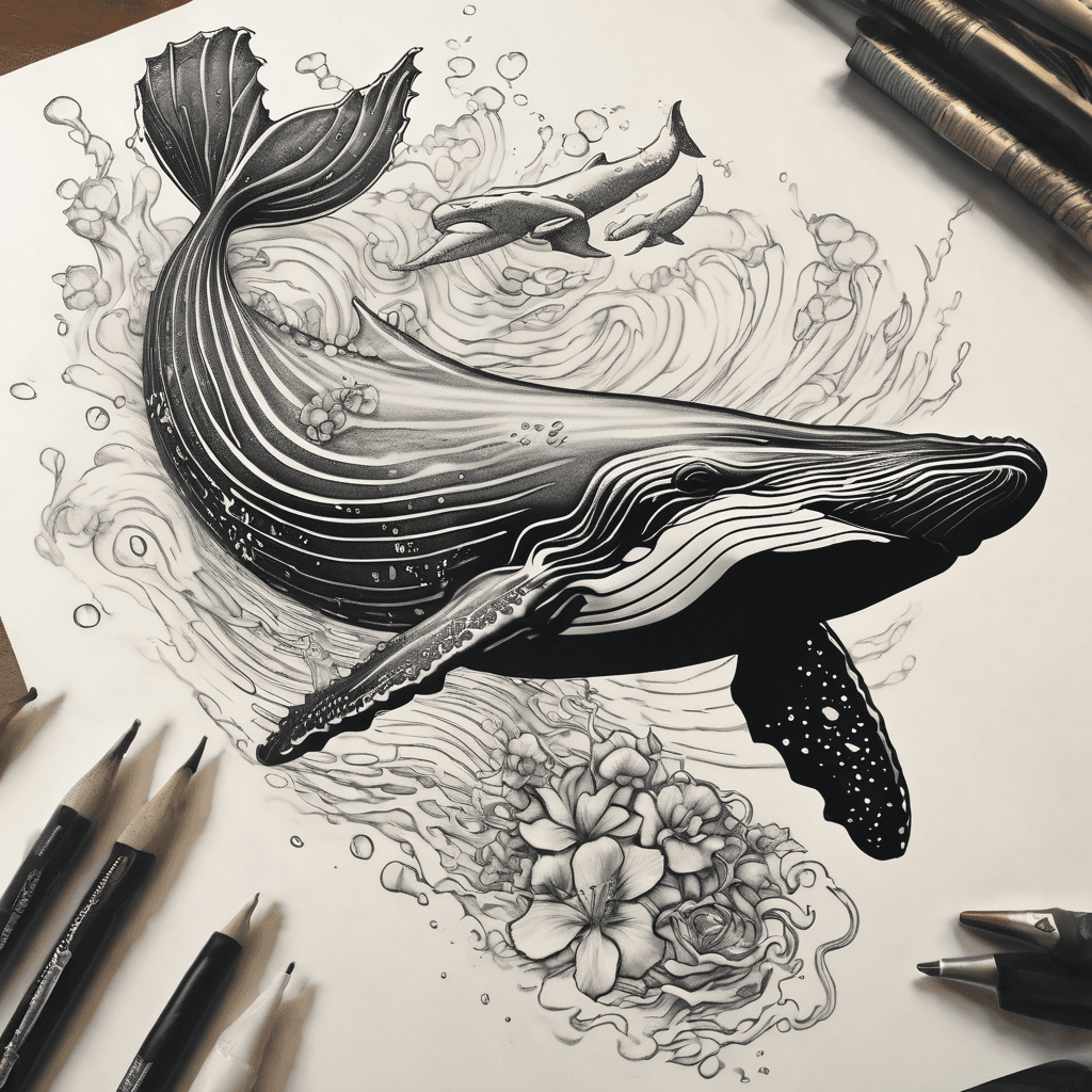 a realistic humpback whale with a baby. the spout will be spraying the words "be strong like water". the words should mimic water coming out.