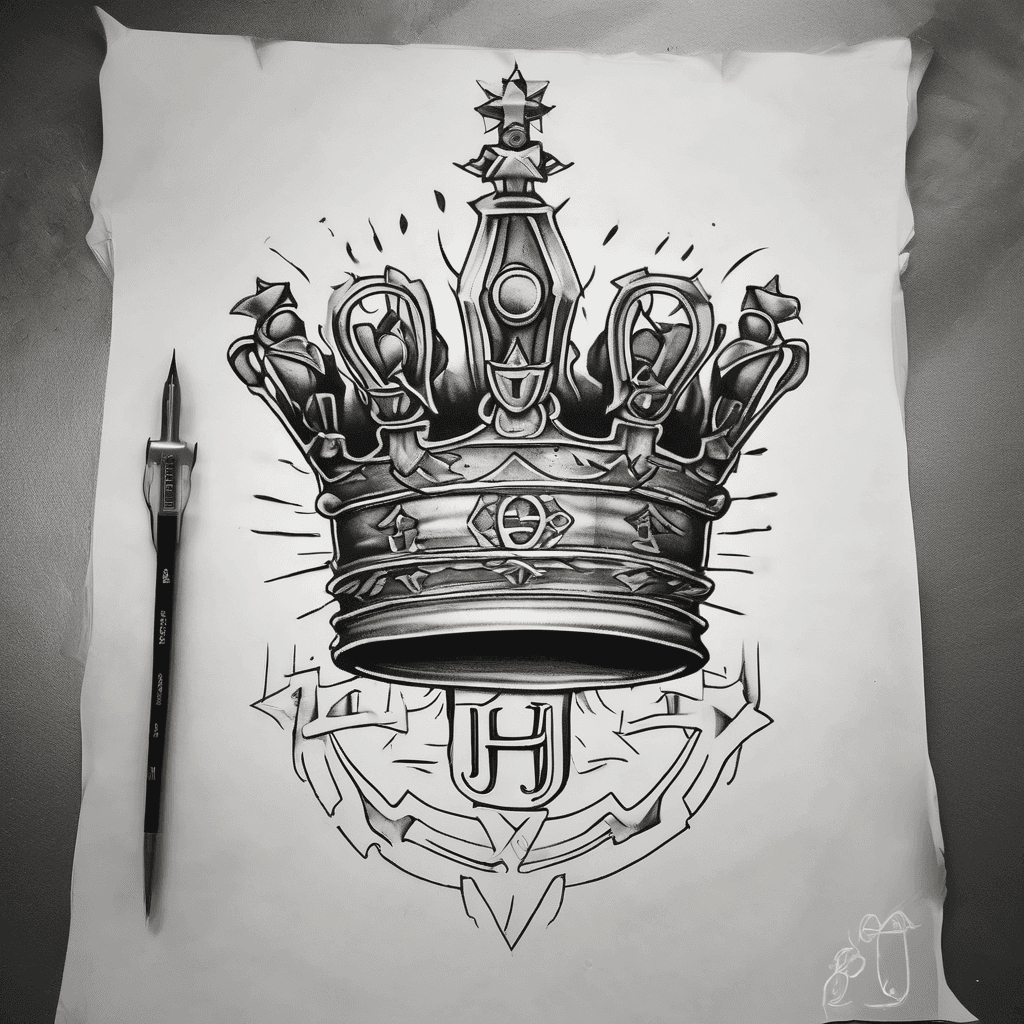 Blackwork crown tattoo wrapping around the ankle, Chaldean flag incorporated inside the crown, four large crown points with the initials A, J, A, Y, clean masculine tattoo stencil, no colour.