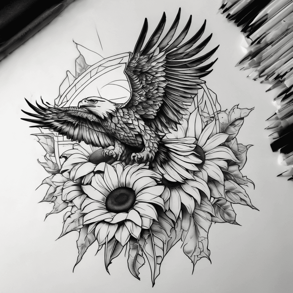 Create a fine line tattoo that is feminine that has an eagle flying away with a sunflower into the sunset