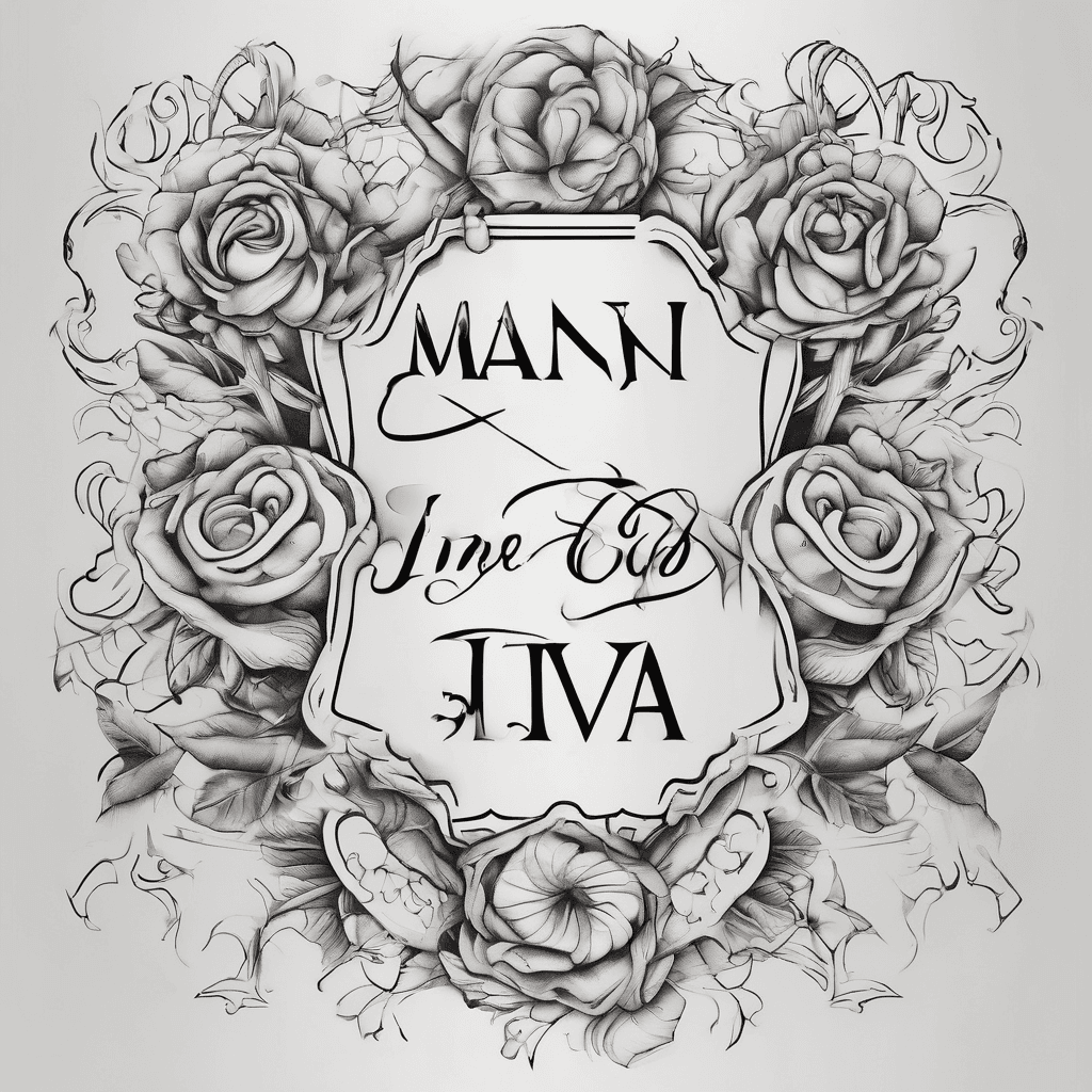 A beautiful tattoo design featuring the name "Mani, Iva, Sherry" in elegant lettering