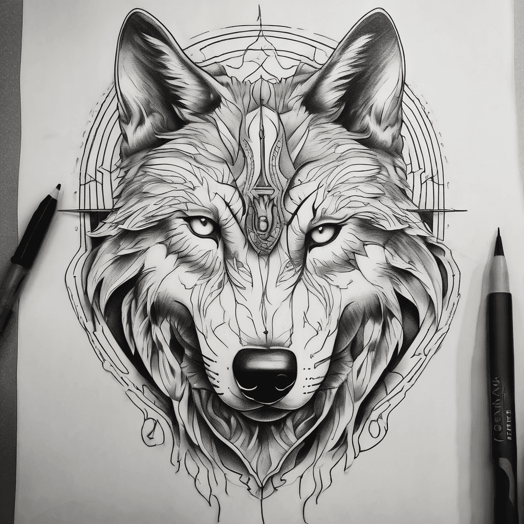 wolf tattoo for twinless twin with two split wolf faces being connected on one line but one higher than the other and the other having half a halo above its head.