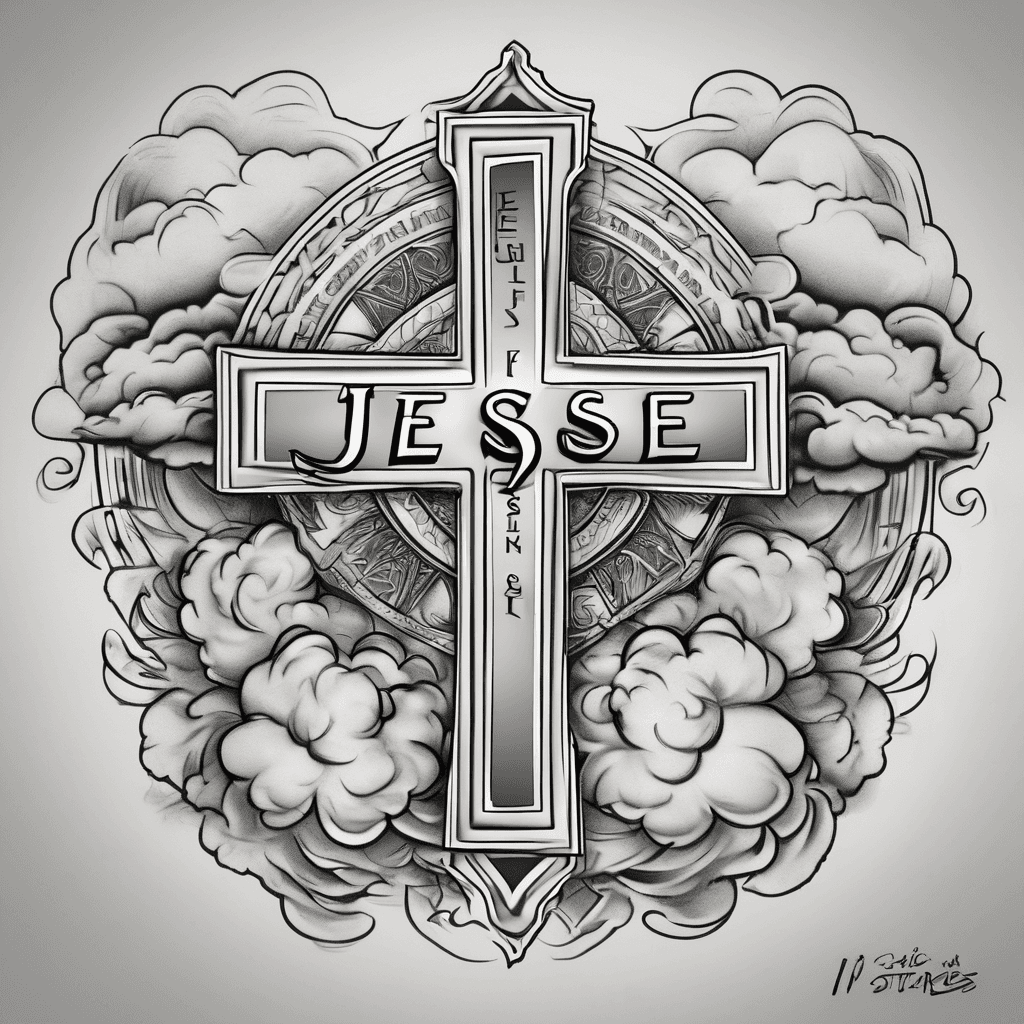 Name is Jesse on forearm with his born date August 9-January 13 with perfect clouds and a big cross shinning