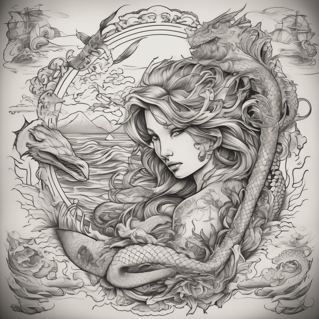 Create a sea tattoo sleeve with a mermaid, Japanese dragon, with naval symbols, and symbols of America, Texas and France with a sun