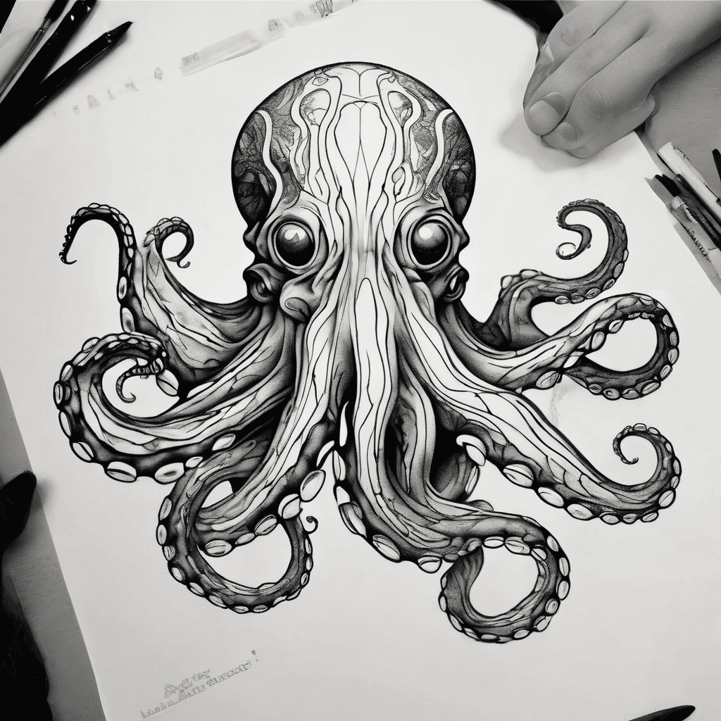 make an abstract octopus tattoo that is fine line with simple shading. make it flowy with fine line details, i want it to flow across my body make it very flowy.