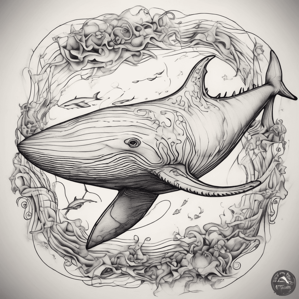 I want a whimsical line tattoo without shading you can use red colour for very minimal detail. The tattoo should be vertical oriented including whale manta ray or jellyfish. Also it should be inspired by the design in moana movie of the sea creatures designs. with a good sea and life inspired Japanese sentence.