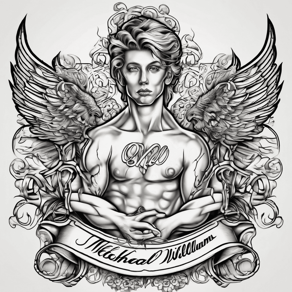 A beautiful tattoo design featuring the name "MICHAEL, ALLEN, WILLIAM " in elegant lettering