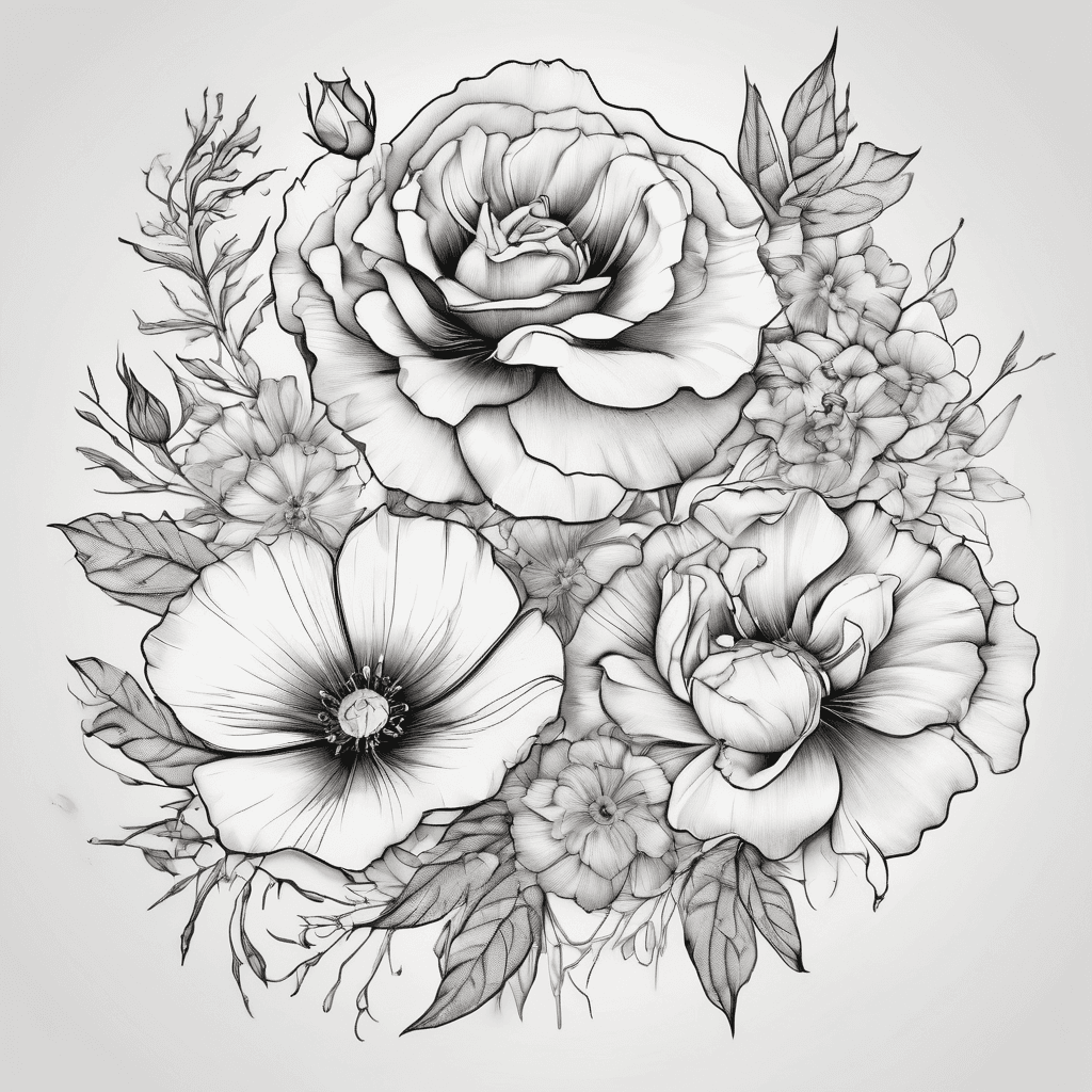 delicate fine line, vertical tattoo of rose and cosmos flowers intertwined