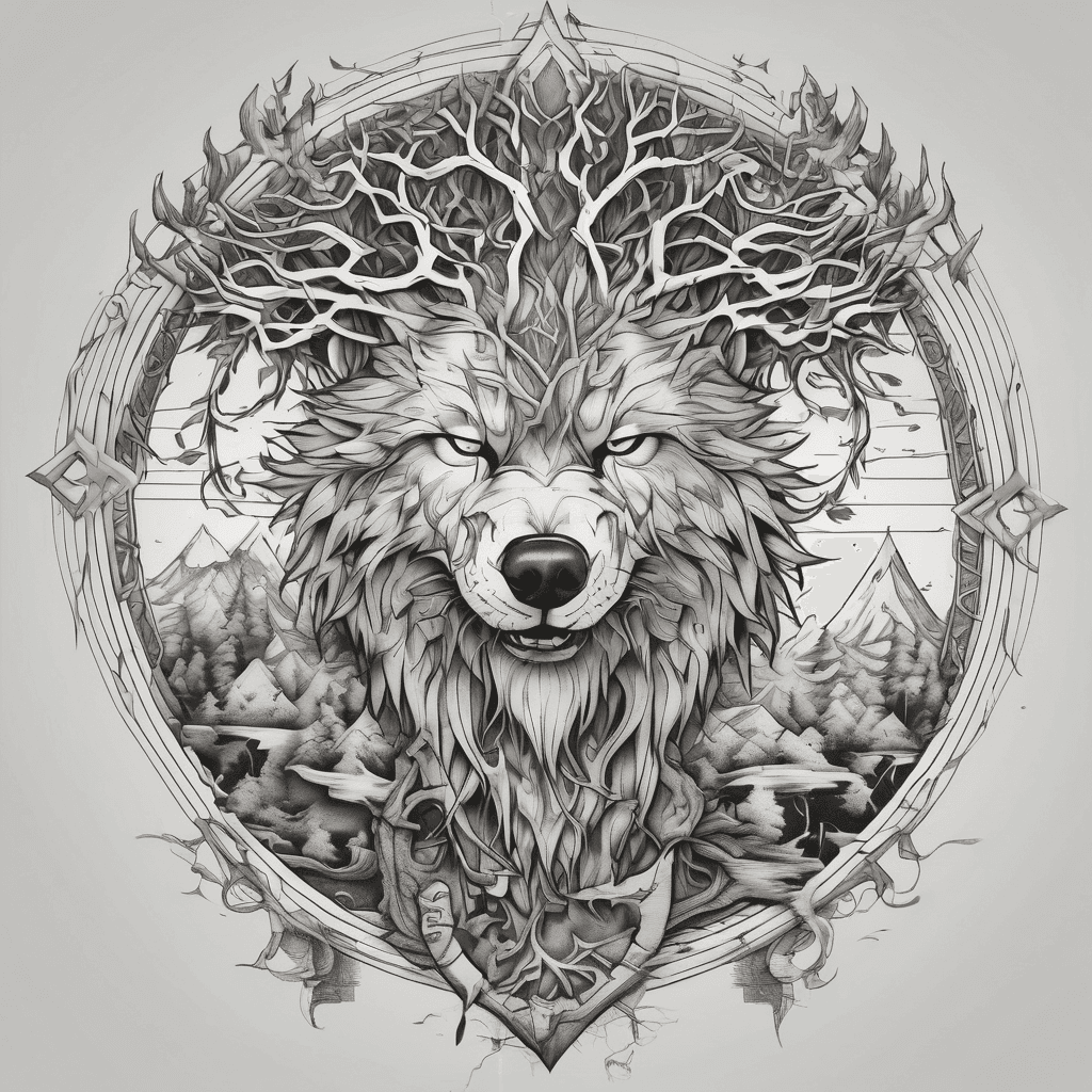 Yggdrasil, Norse runes, wolf, wolf cube, viking fighting a saumrai