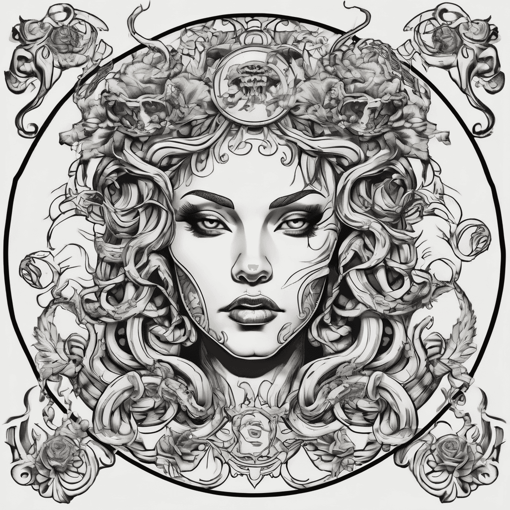 medusa with skulls and smoke with versace pattern around in circle