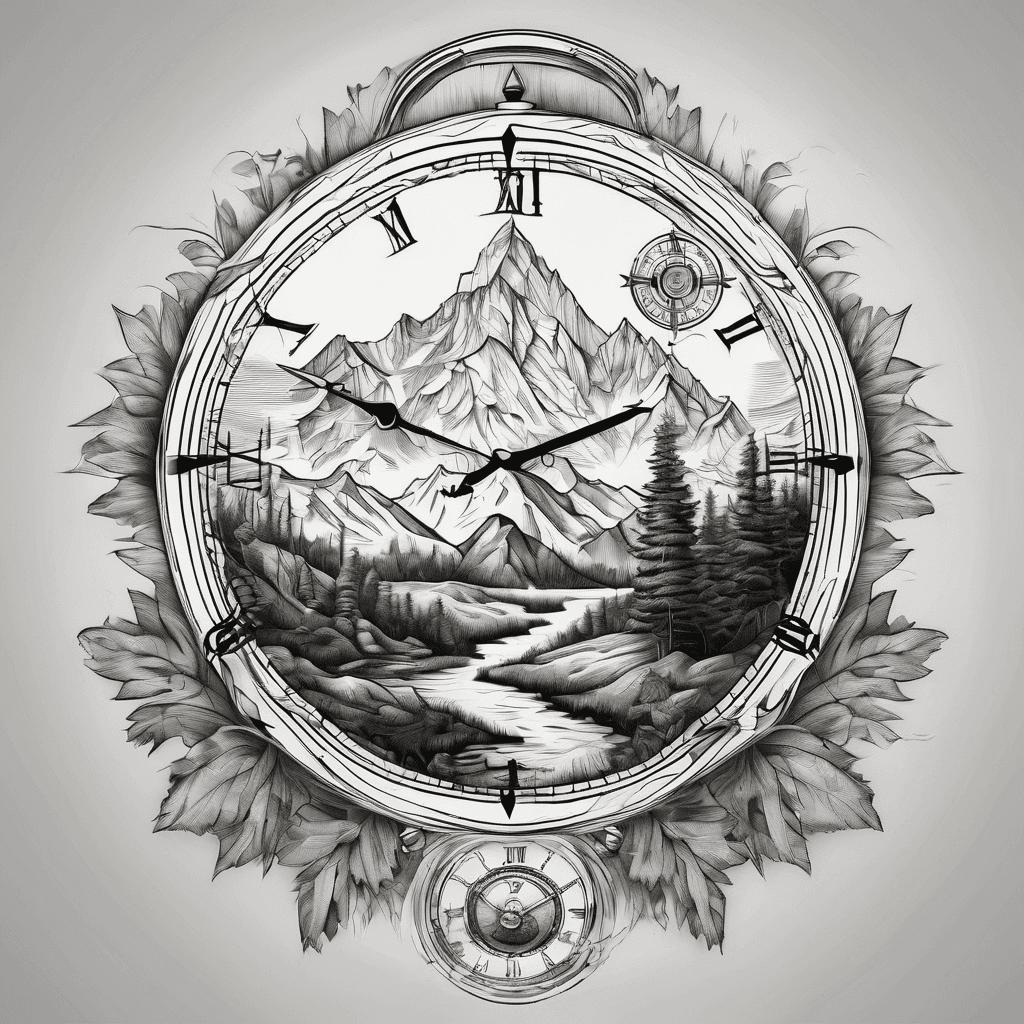 Mountain scene with compass church and clock