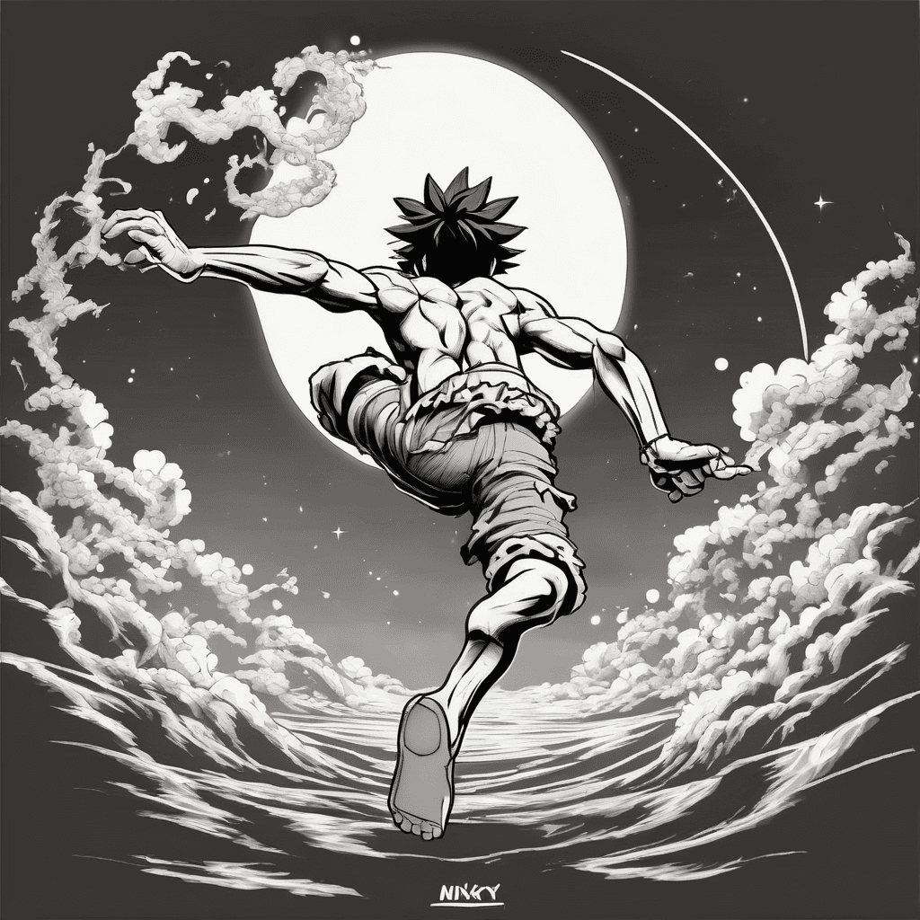 "Luffy in Gear 5 form, silhouette style, running or leaping pose like the classic Nika full moon scene. White hair with a puffy Sun God Nika look, styled in loose curly spikes. Skin left unshaded, clean outline only, no gradient or fill, so the figure reads as an open line silhouette rather than solid black. Positioned centered inside a large glowing full moon. Around the moon, blend the classic sun ray burst with the Sun Pirates jolly roger face (the round red sun with the sharp toothy grin) worked into the rays so it reads as both moon halo and pirate emblem at once. Background is a deep night sky with scattered stars and soft cloud wisps, moody blue and dark tones like a Grand Line night scene." no shading, no solid fill, no realistic face, no text, no extra characters