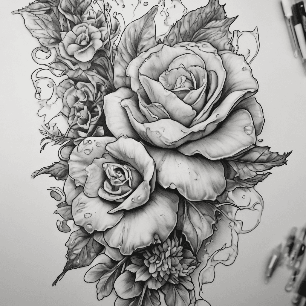 i want a forearm tattoo with a bunch of flowers and plants and a water droplet falls from one of the plants and you can see the stages of it going from a droplet to a curled up baby