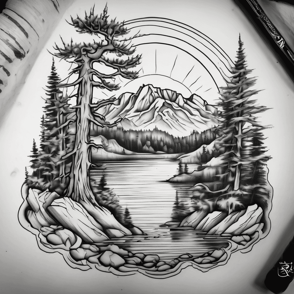 Design me an upper arm half sleeve tattoo where temple crag anf Big Pine lake number 2 are coming up out of an open book