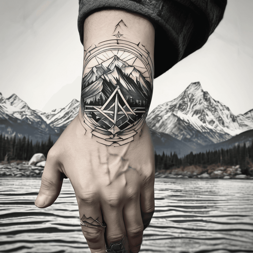 Half band above wrist depicting a mountain range. Above the mountains add a compass with the polish white eagle national crest centered in the compass