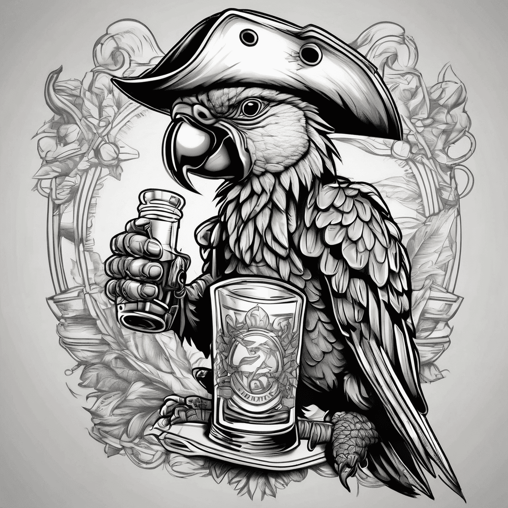 Drunk pirate parrot holding a bottle of rum in flash artwork style