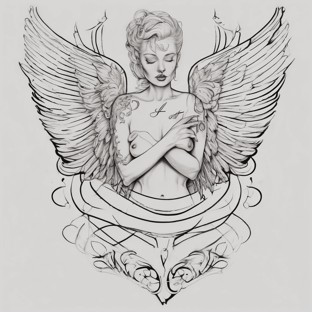 A tattoo with the name “Antoinette” in cursive lettering and an angel wing on each side