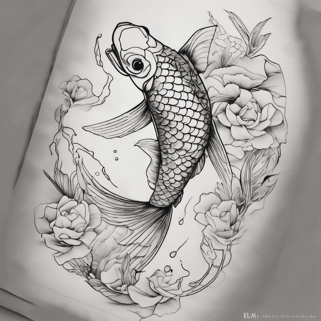 A fine line tattoo with a koi fish ying and and the names Amelie, Ella-Beth and Roisin