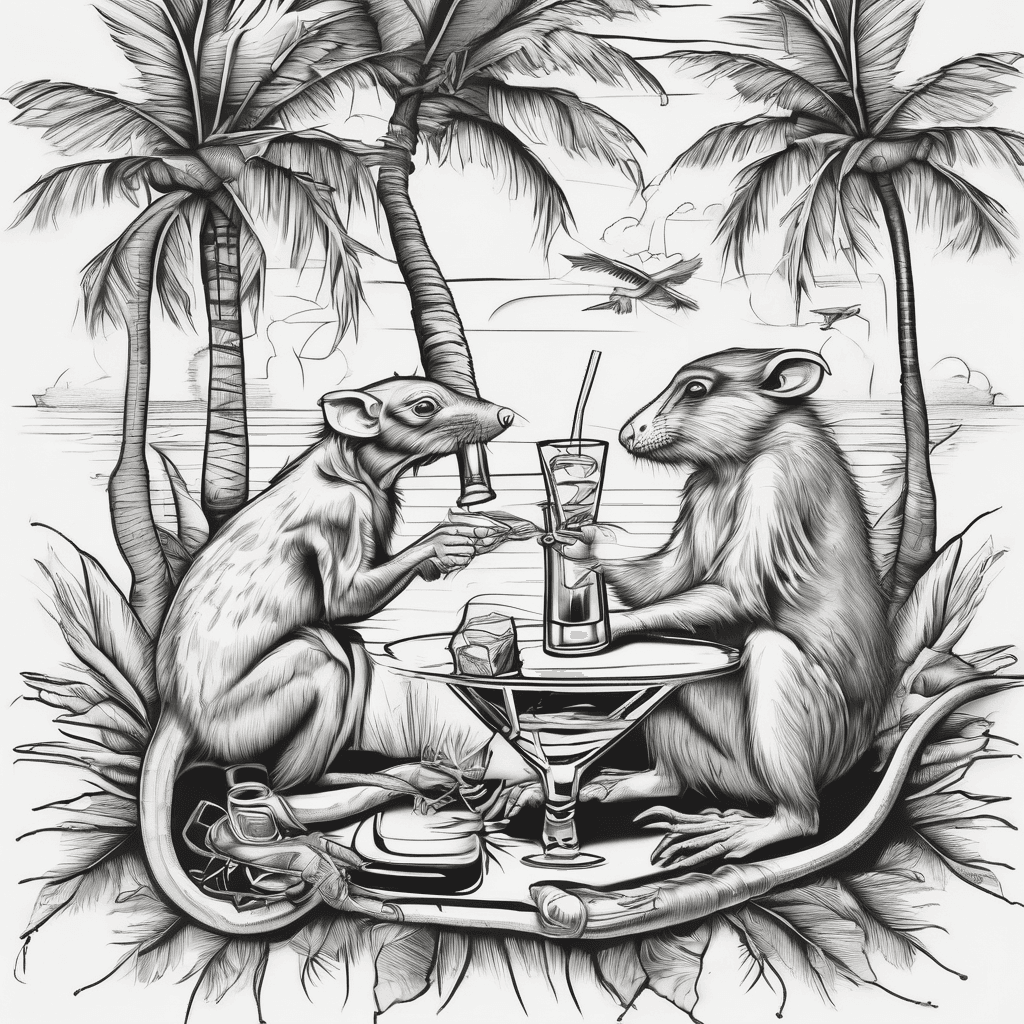 A line drawing of a rat and a monkey drinking cocktails under a palm tree with a pelican in the palm tree