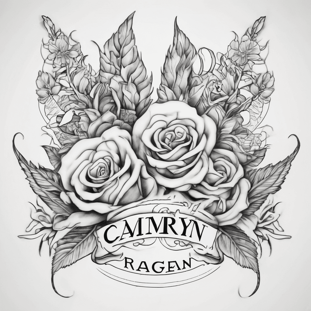 A beautiful tattoo design featuring the name "Camryn, Raegan, Teagan " in elegant lettering