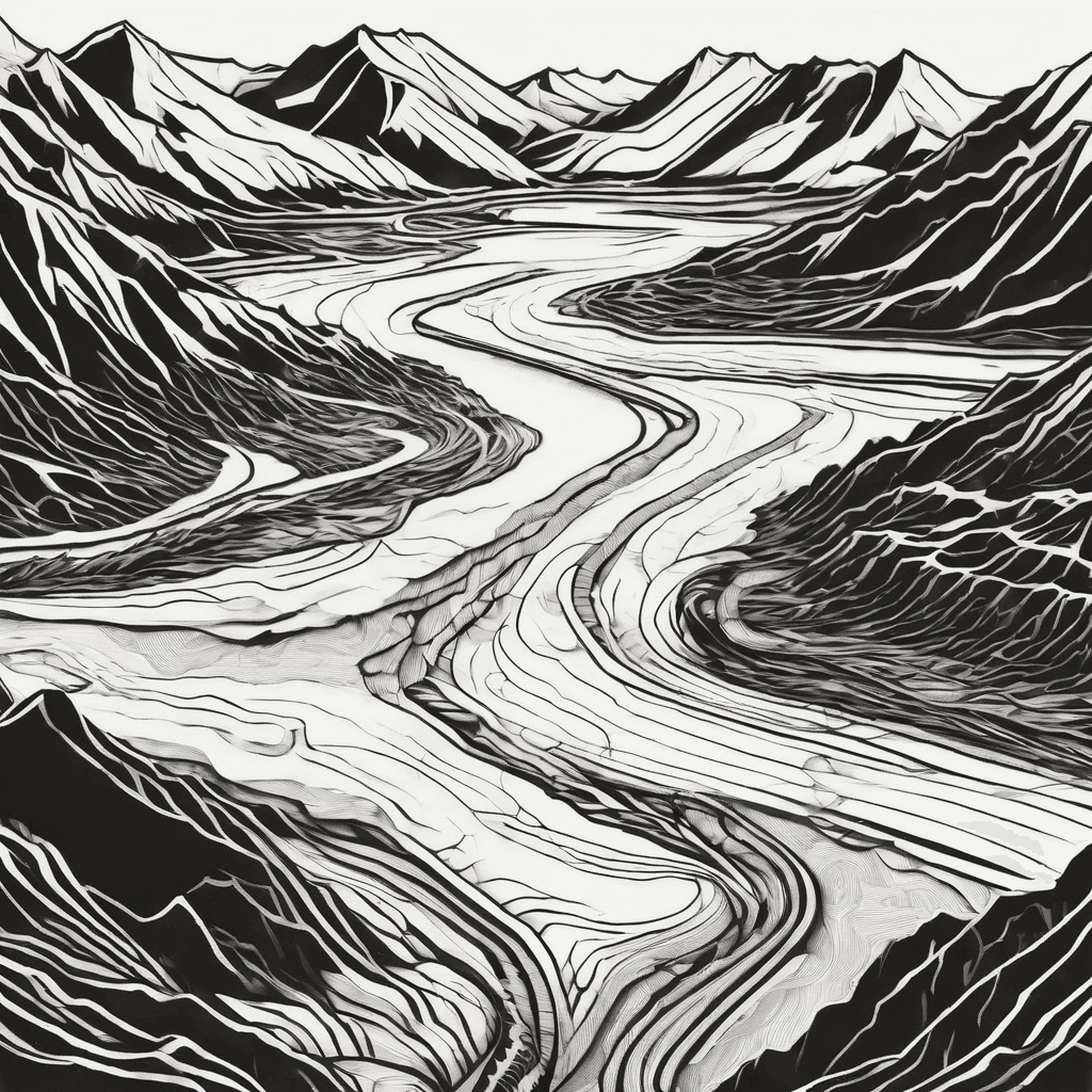 A aerial view of braided river in black and white but in the boundary of a black rectangle.