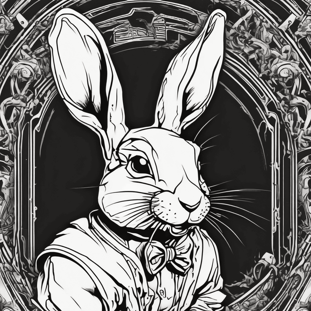 A white rabbit jumps forward like in The Matrix, referencing Alice in Wonderland