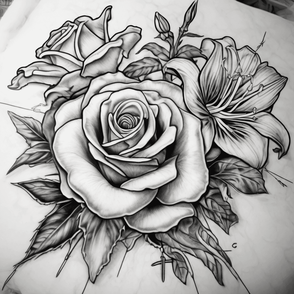 single rose and single lilies flower with ribbons with Japanese and English names on it of Angel and Jessie with the date passing of Aug 22 2016