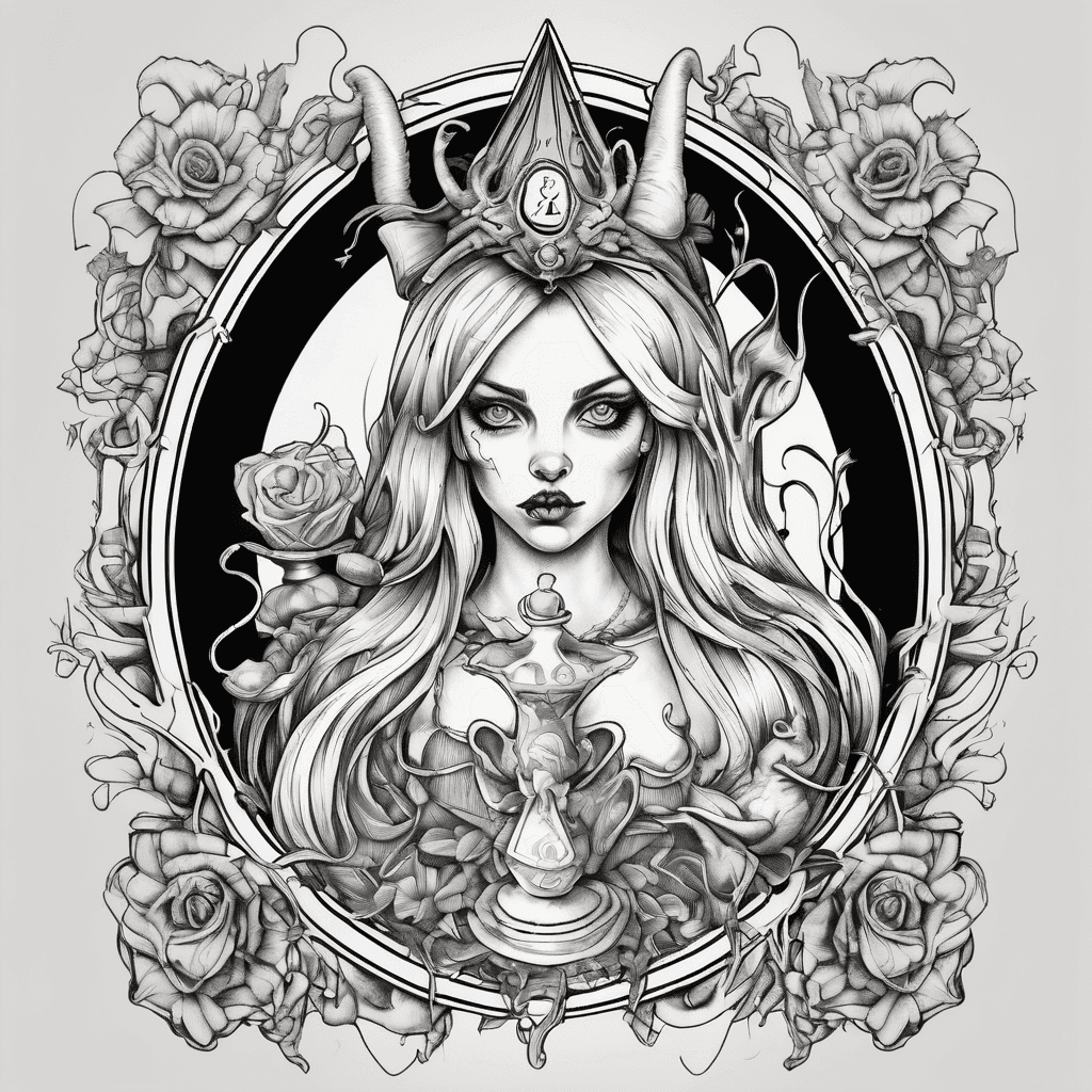 Gothic/dark Alice in Wonderland with baby baphomet symbolism